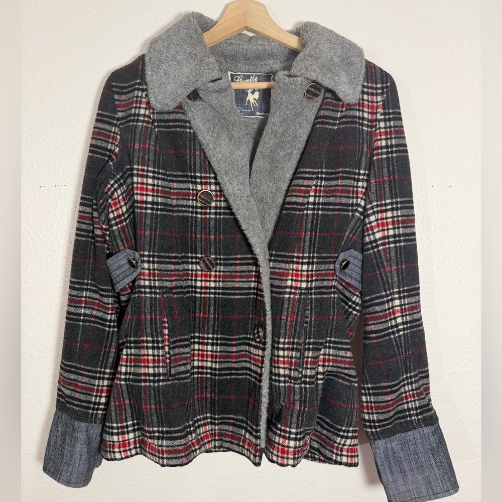 Gentle Fawn fleece lined plaid double breasted jacket Red Gray